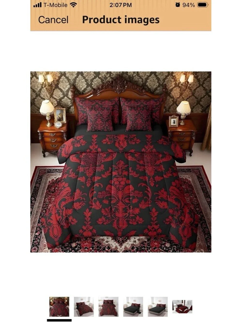 Gothic Vintage Black Red Damask 7-Piece King Comforter Set